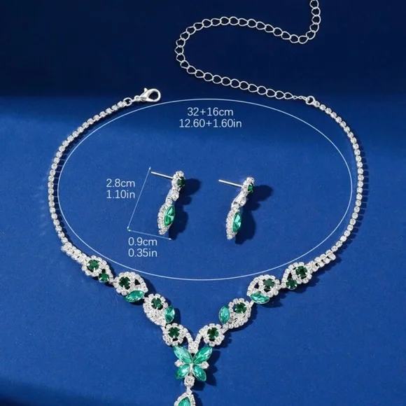 NWT Fashion Necklace and earring set emerald green and silver - Picture 2 of 3